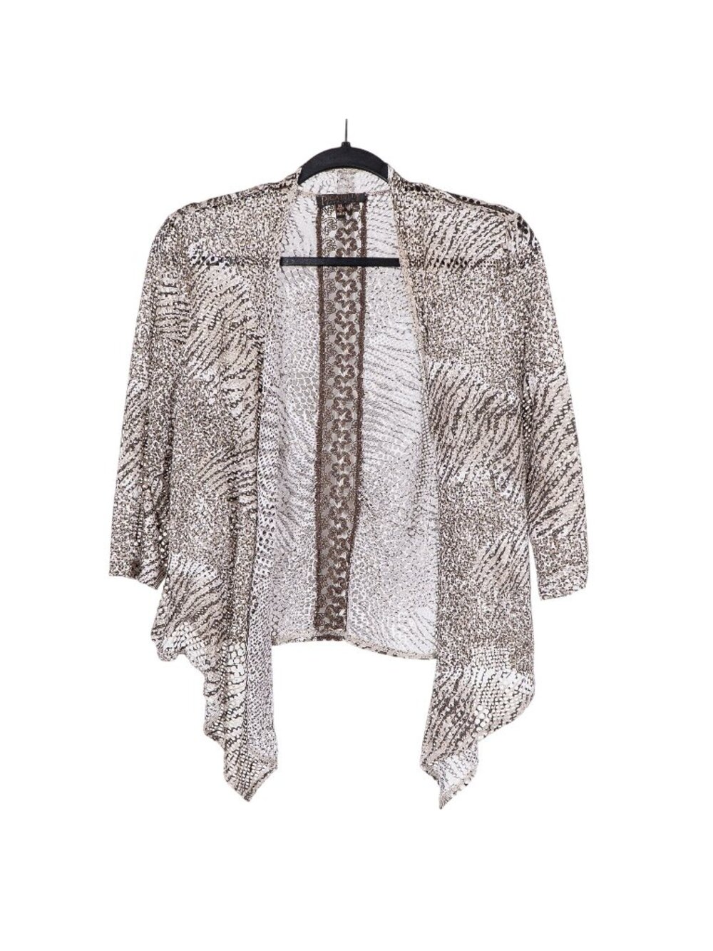Zebra Print Cardigan Sweater XL Lace Open Knit Crochet Brown White Handkerchief